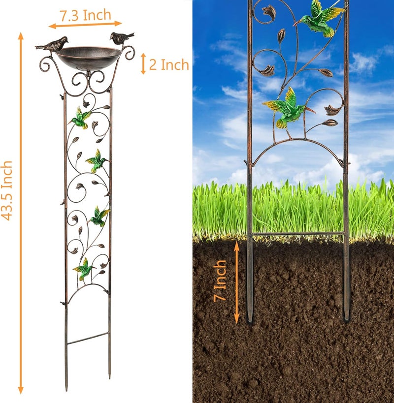 LEWIS&WAYNE Garden Trellis Bird Bath Outdoor, 40 Inch Antique Iron Garden Plant Trellis Decorative with Hummingbirds and Detachable Drinking Basin Bowl, Free Standing BirdBath Birdfeeder Station - Image 2